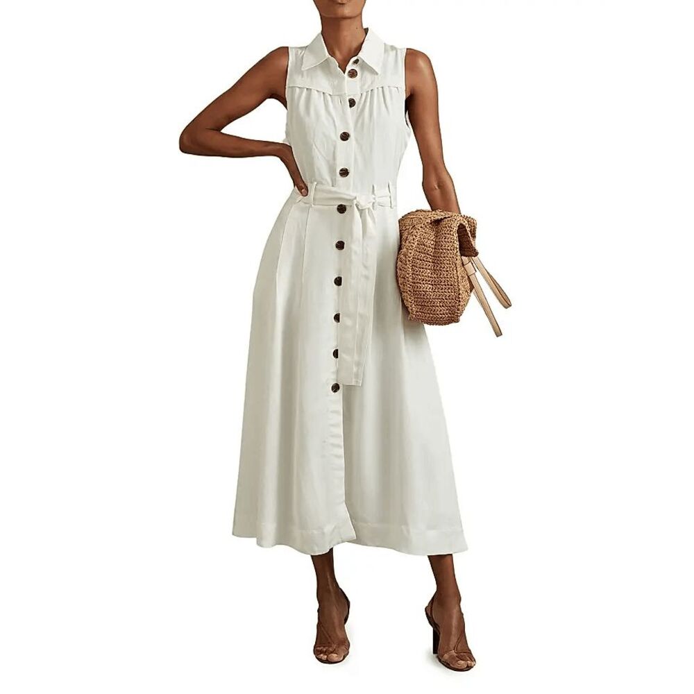 Reiss Sleeveless Button-Front Midi Dress in Ivory without belt